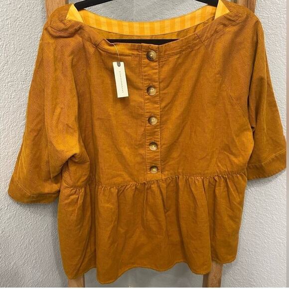 Maeve By Anthropologie NWT Maria Top Babydoll Corduroy Peplum Mustard Size Small - Picture 5 of 8